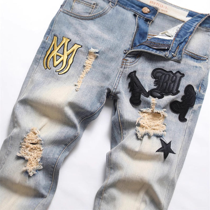 Stretchy ankle embroidered jeans