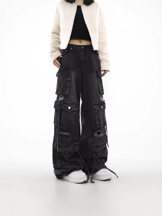 Women's Loose Straight Ripped Jeans with Multiple Pockets