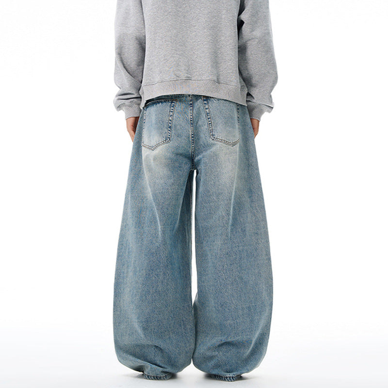 Vintage Wash Wide Leg Denim Pants for Men