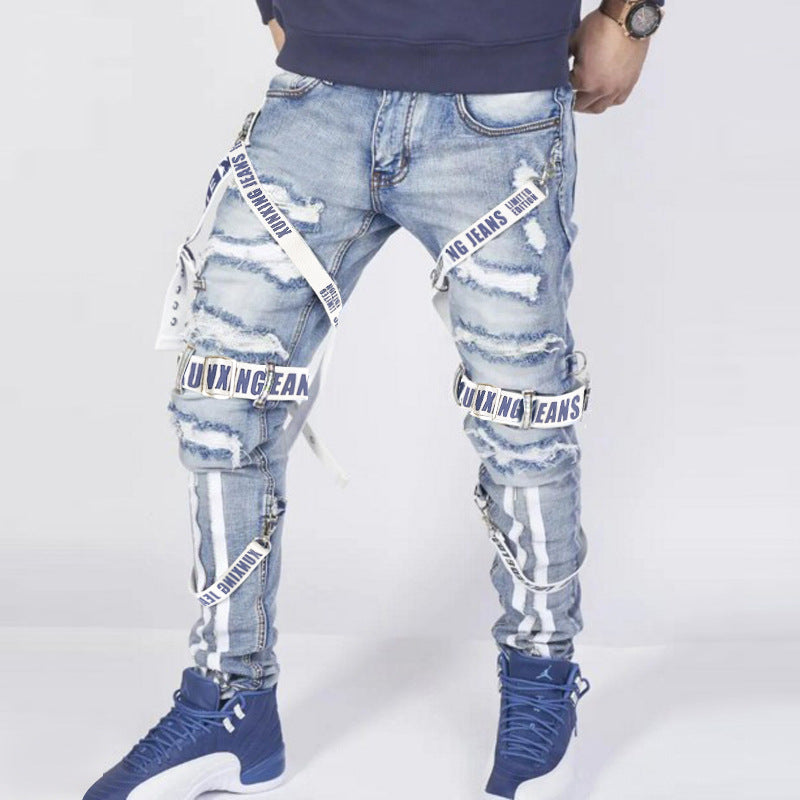 Men's Fashion Patch Webbing Slim Fit Jeans