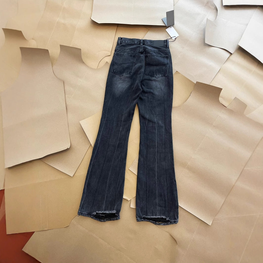 Men's Black Distressed Washed Micro-Flare Jeans