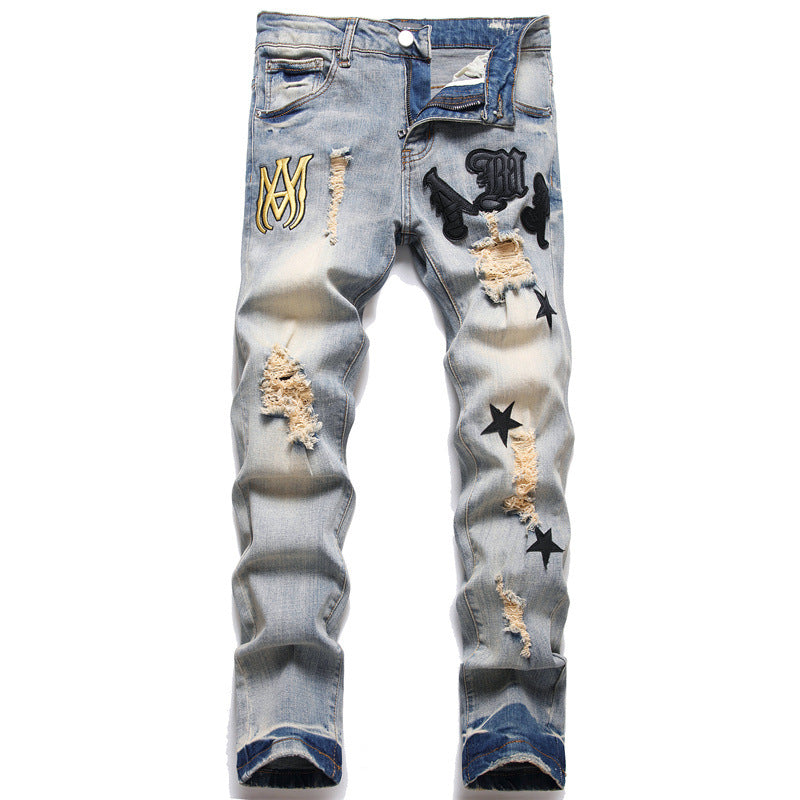 Stretchy ankle embroidered jeans