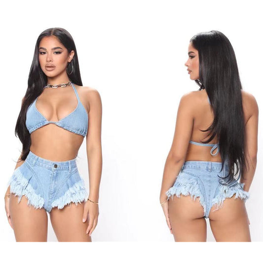 Denim halter-neck fringed and hip-lifting hot pants
