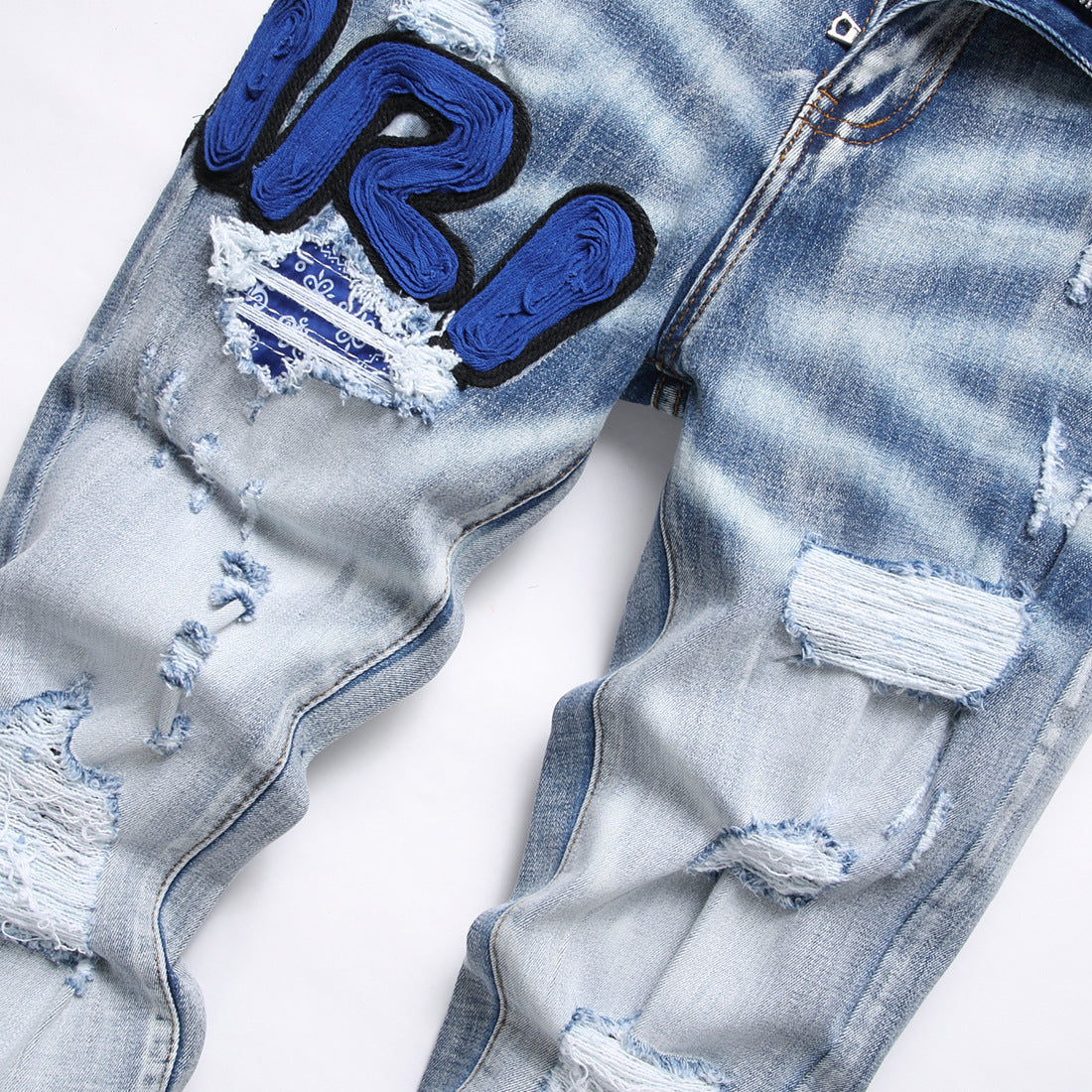 Blue Embroidered Distressed Patchwork Slim-Fit Jeans