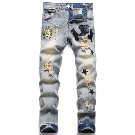 Stretchy ankle embroidered jeans