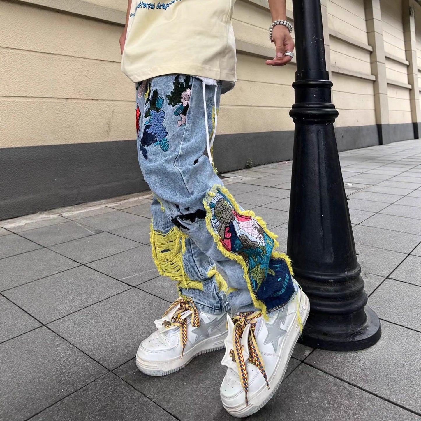 Brushed Embroidered Straight Denim Jeans