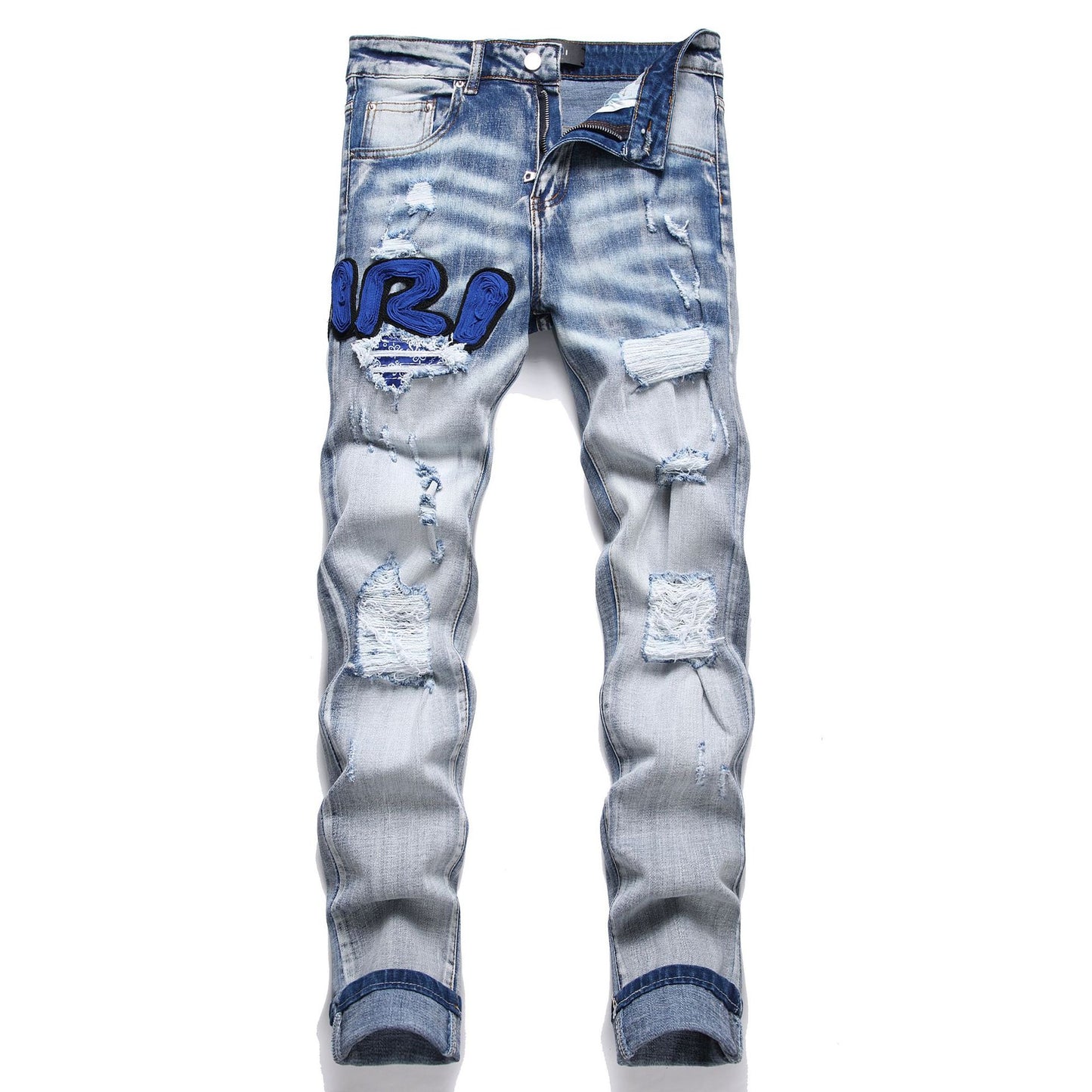 Blue Embroidered Distressed Patchwork Slim-Fit Jeans