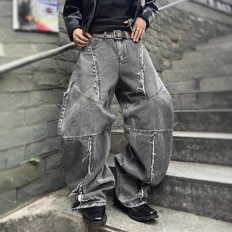 American Retro Washed Distressed Jeans Loose Straight Pants