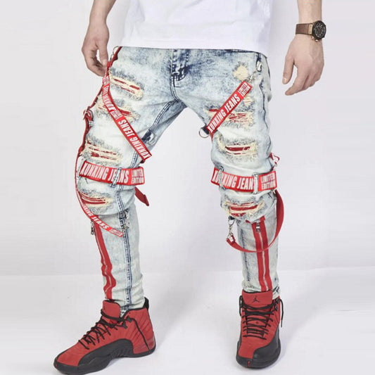Men's Fashion Patch Webbing Slim Fit Jeans