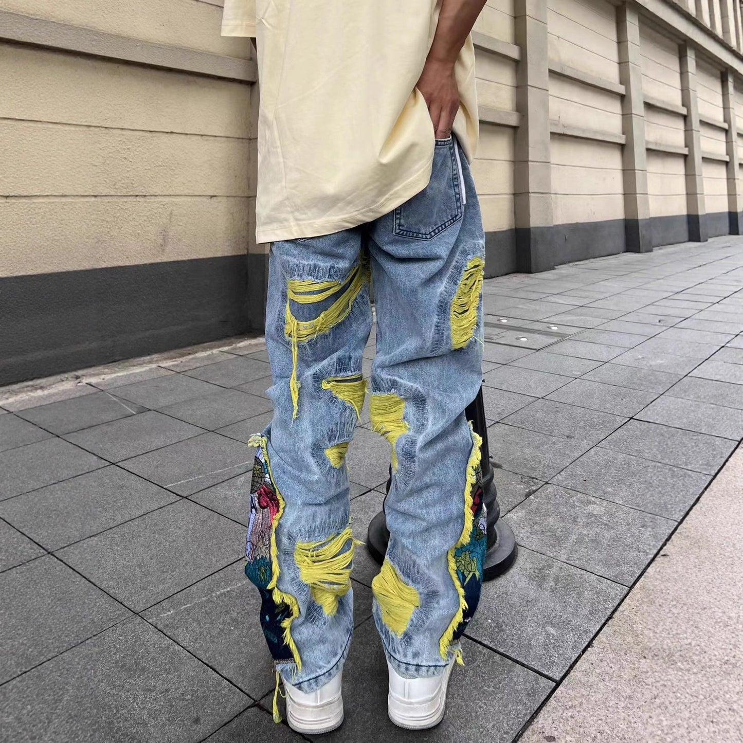 Brushed Embroidered Straight Denim Jeans
