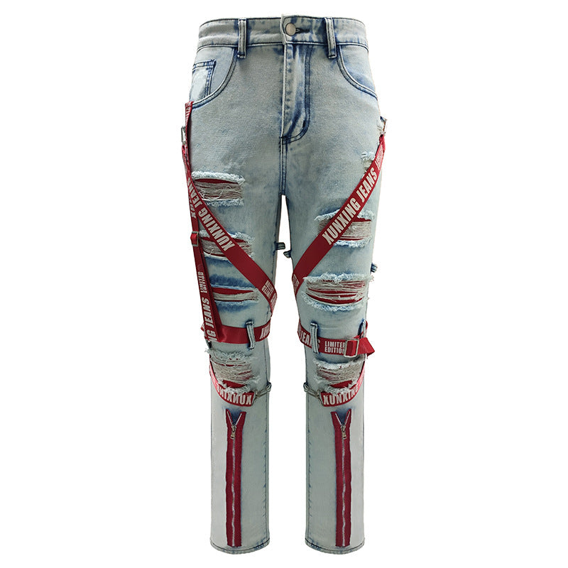 Men's Fashion Patch Webbing Slim Fit Jeans