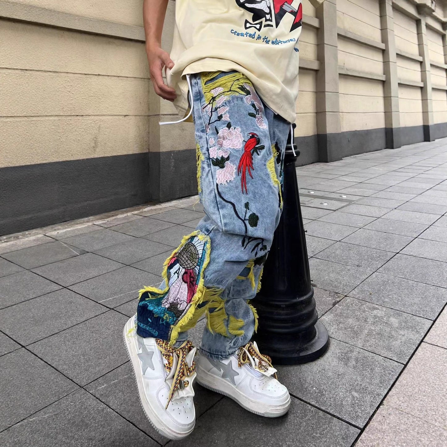 Brushed Embroidered Straight Denim Jeans