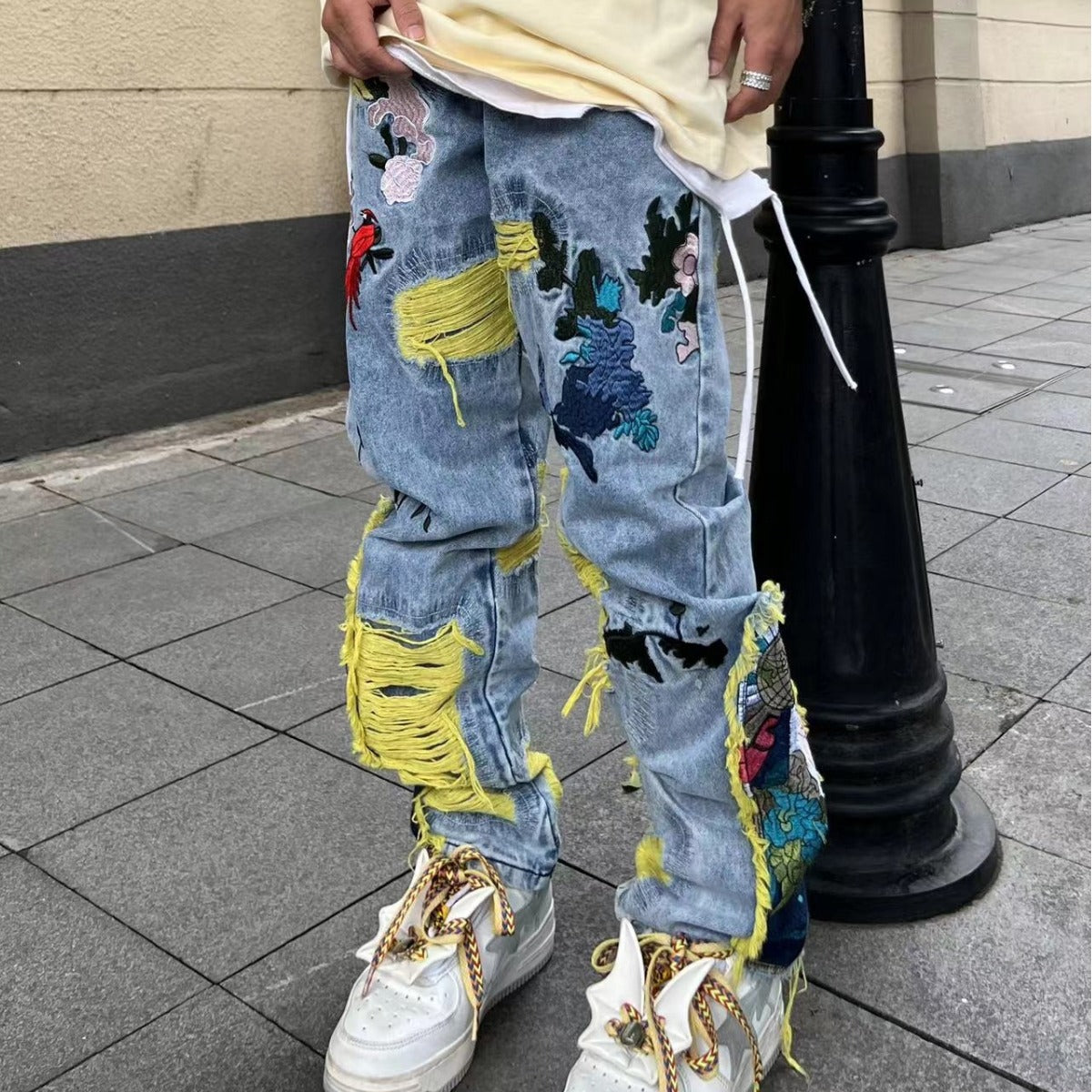 Brushed Embroidered Straight Denim Jeans
