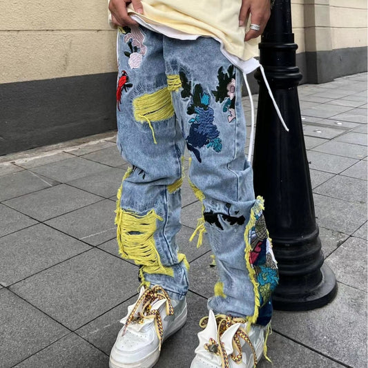 Brushed Embroidered Straight Denim Jeans