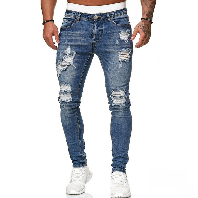 New Trendy European and American Style Skinny Fit Ripped Jeans for Men