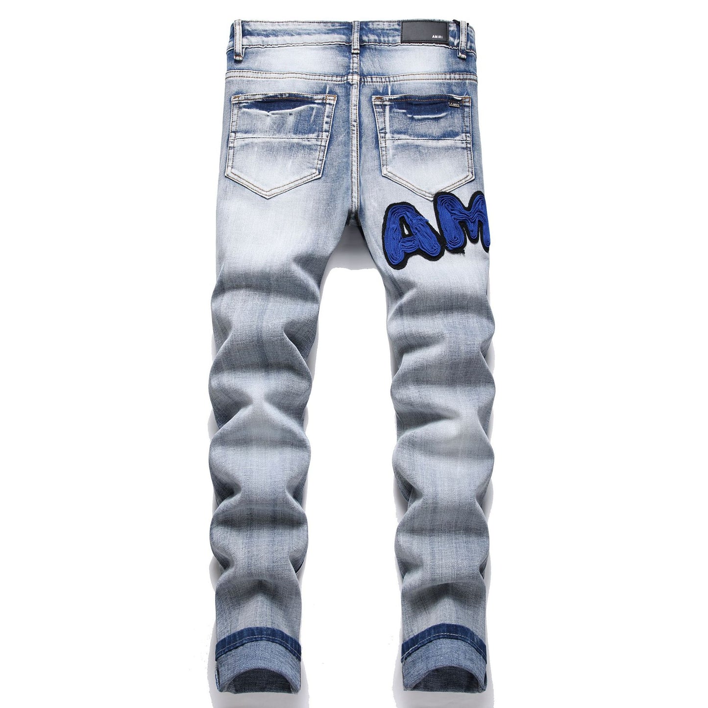 Blue Embroidered Distressed Patchwork Slim-Fit Jeans