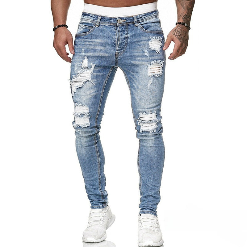 New Trendy European and American Style Skinny Fit Ripped Jeans for Men