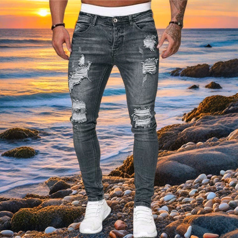 New Trendy European and American Style Skinny Fit Ripped Jeans for Men