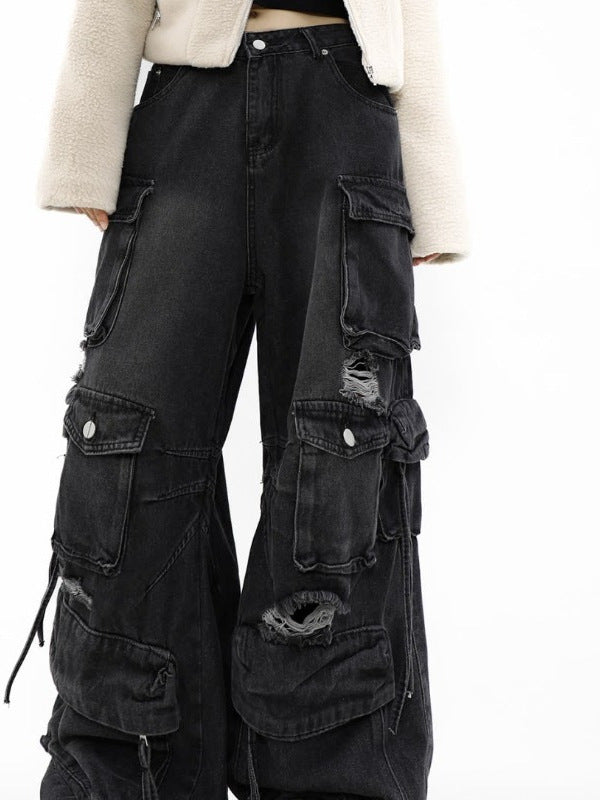 Women's Loose Straight Ripped Jeans with Multiple Pockets