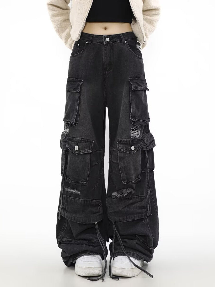 Women's Loose Straight Ripped Jeans with Multiple Pockets