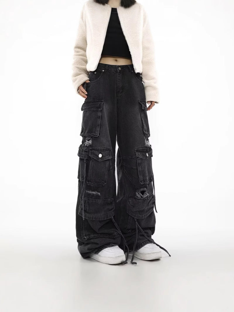 Women's Loose Straight Ripped Jeans with Multiple Pockets