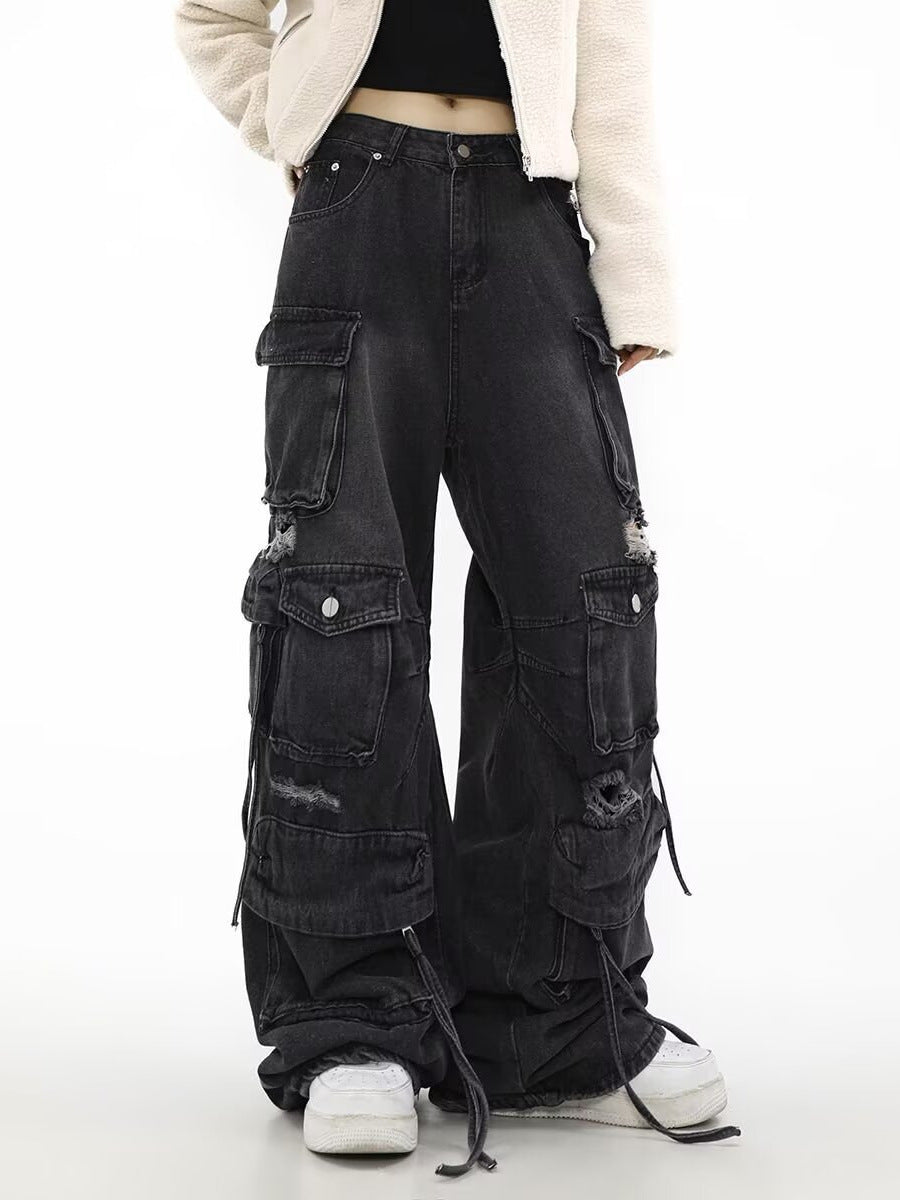 Women's Loose Straight Ripped Jeans with Multiple Pockets