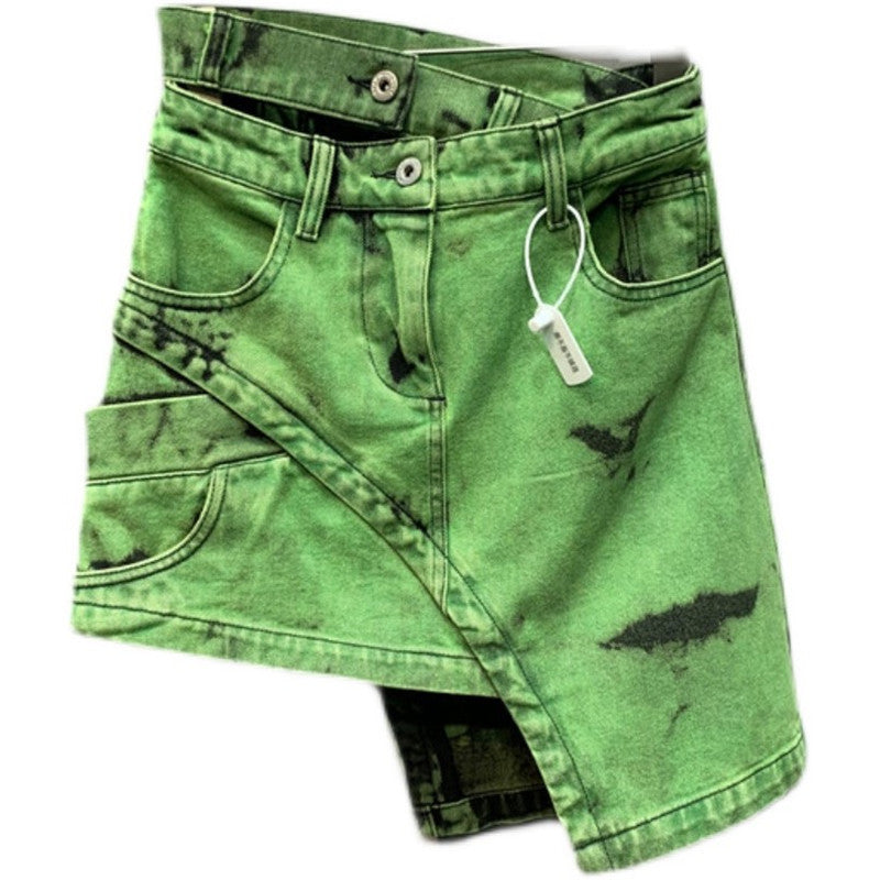 Double-row waist design green denim half-length skirt