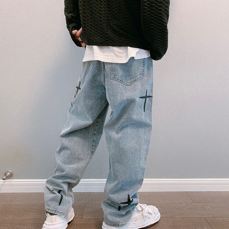 Retro cross patchwork blue denim pants