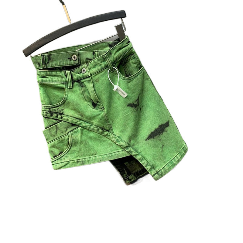 Double-row waist design green denim half-length skirt