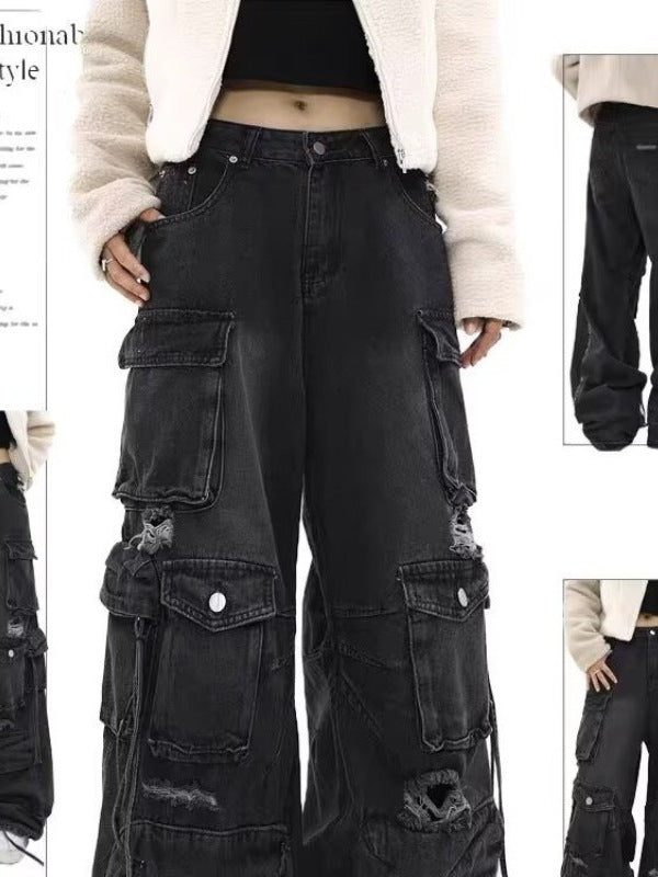 Women's Loose Straight Ripped Jeans with Multiple Pockets
