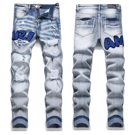 Blue Embroidered Distressed Patchwork Slim-Fit Jeans