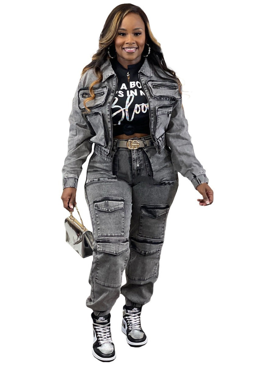Women's Stretchy Washed Denim Two-Piece Set