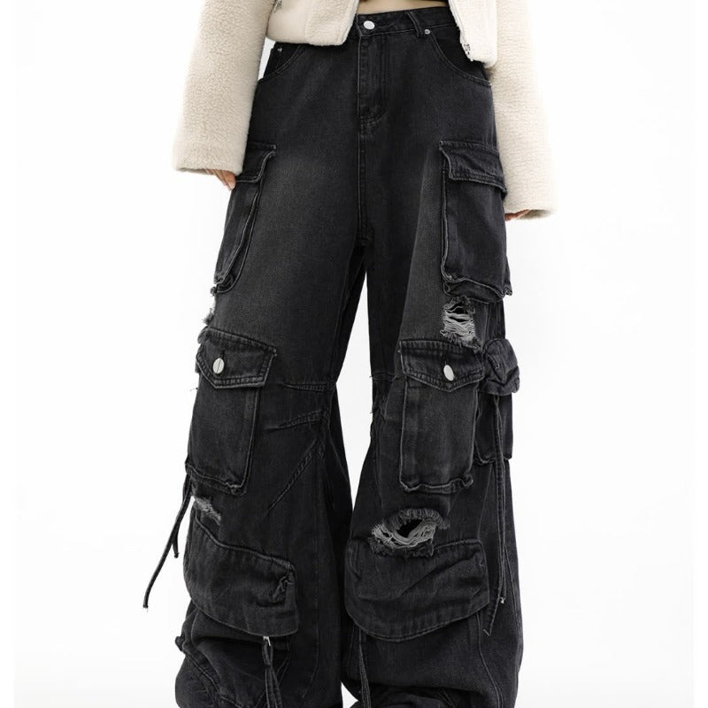 Women's Loose Straight Ripped Jeans with Multiple Pockets